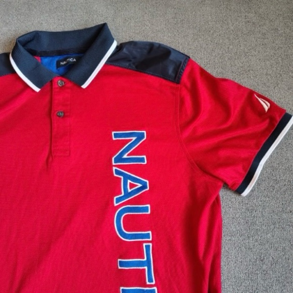 Nautica Classic Fit Polo Shirt Men L Vertical Logo Embroidered Short Sleeve Red
